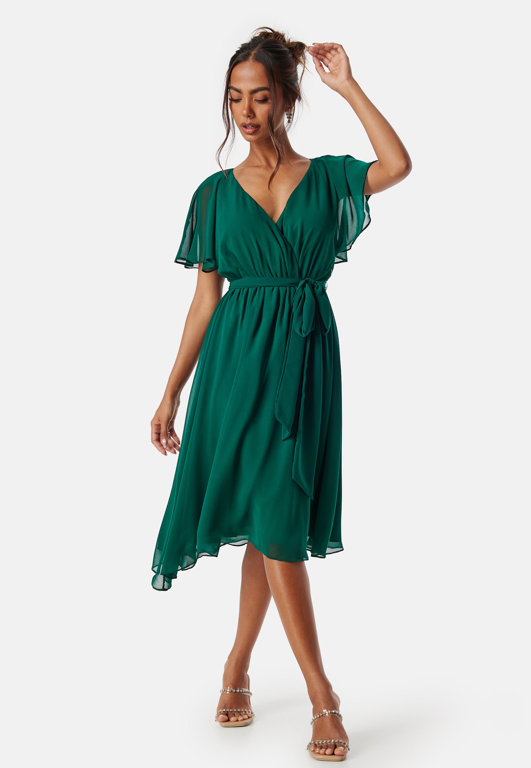 Goddiva – Flutter Chiffon Midi Dress – Ball gowns – Green