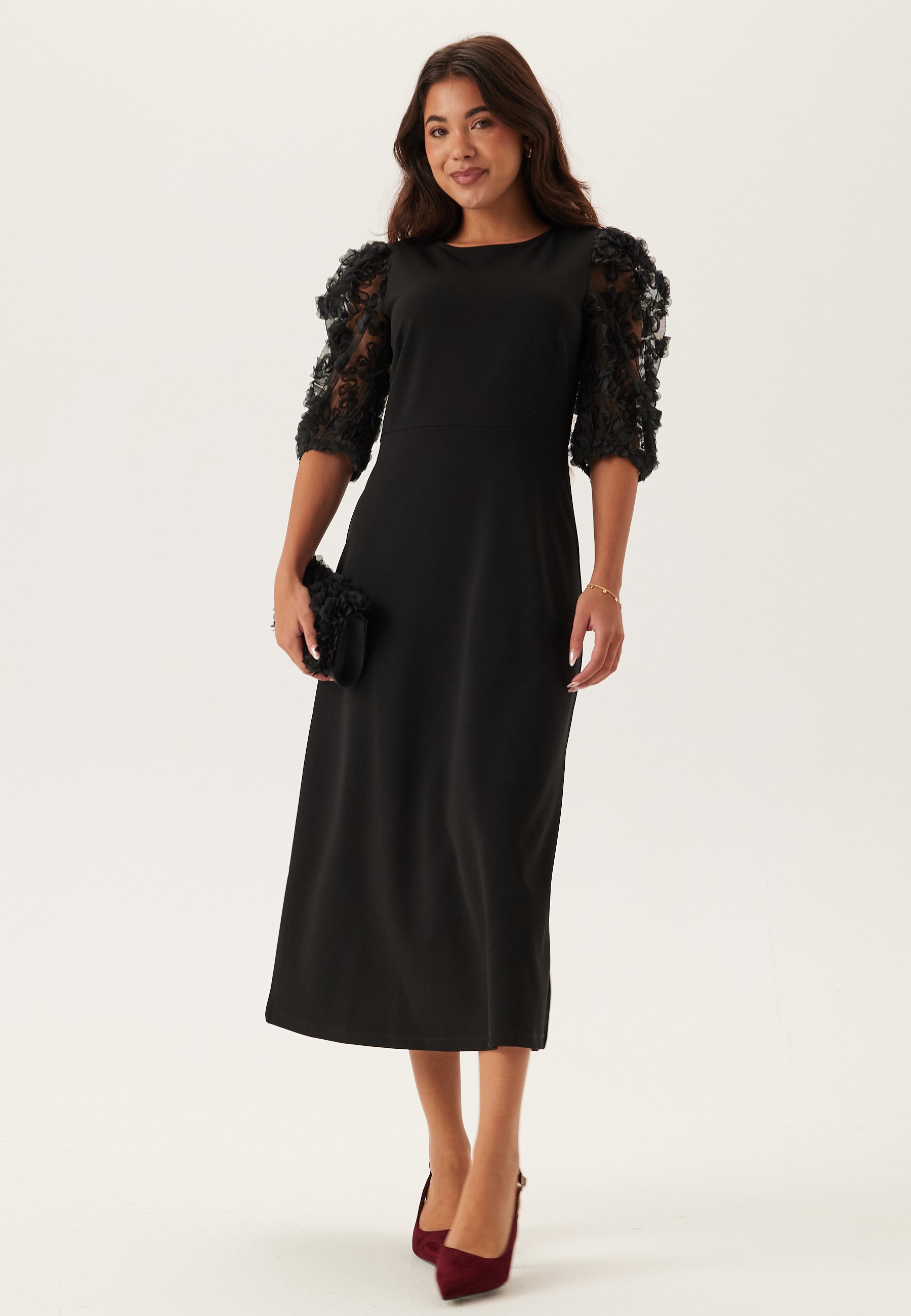 Happy holly 3D Floral Sleeve Midi Dress + SIZES Black Happy holly 3D Floral Sleeve Midi Dress + SIZES Black