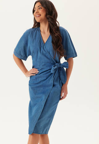 womens denim wrap dress Women's Volume Sleeve Wrap Midi Denim Dress, Light Wash